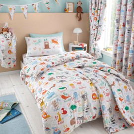 Happy Linen Company Girls Boys Kids Animal Alphabet ABC White Multicolour Toddler Cot Bed Reversible Duvet Cover Quilt Bedding Set with Pillow Case Bed Linen