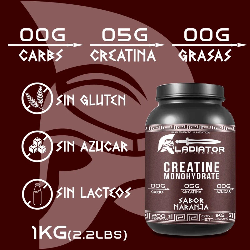 Creatina Gladiator Monohidratada 1kg 200 Servicios Sabores Naranja