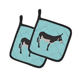 Caroline's Treasures BB8018PTHD American Mammoth Jack Donkey Blue Check Pair of Pot Holders Kitchen Heat Resistant Pot Holders Sets Oven Hot Pads for Cooking Baking BBQ, 7 1/2 x 7 1/2