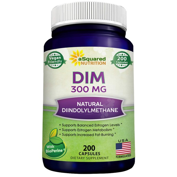 aSquared Nutrition DIM Supplement 300mg Plus BioPerine - 200 Veggie Capsules - Diindolylmethane DIM Max Strength Pills to Support Estrogen Metabolism & Balance, Menopause Relief, PCOS, Hormonal Acne