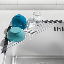 SUNLY Triangle Over Sink Dish Drying Rack, Stainless Steel Corner Sink Caddy, Foldable & Cuttable for Sink Corners, Kitchen Sink Organizer with Anti-Slip Silicone Coating, 2 Packs