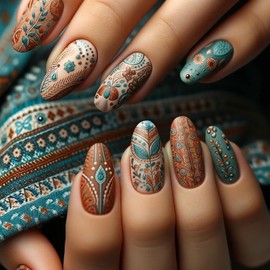 Almond Press on Nails Medium Length Fake Nails with Retro Totem Design Spring Stick on Nails Flower Glue on Nails Reusable Full Cover Artificial Acrylic False Nails Press on Nails for Women Girl 24Pcs