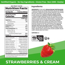 Orgain Orgain Organic Nutritional Protein Shake, Strawberries & Cream - 16g Grass Fed Whey Protein, Meal Replacement, 20 Vitamins & Minerals, Fruits & Vegetables, Gluten Free, Non-GMO, 11 Fl Oz (12 Pack)