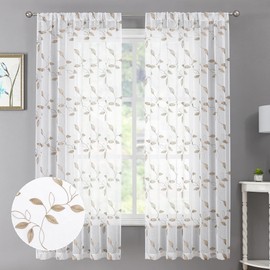 Tollpiz Taupe Leaf Sheer Curtains Leaves Embroidered Living Room Curtain Rod Pocket Voile Window Treatments for Bedroom, 54 x 63 inches Long, Set of 2 Panels