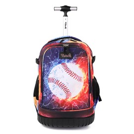Tilami Rolling Backpack, 18 inch Shoulder Drop, Concealed Pockets and Wheel Cover, Laptop Backpack for Boys and Girls, Baseball