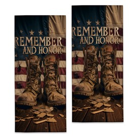 Turamurra Remember and Honor Hand Towels - 2 Pack, 14.5" X 28", Soft Microfiber Polyester Bath Towel Set with American Flag Veterans, for Bathroom Kitchen Spa Hotel Decor Gifts for Women