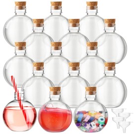 Jinei 15 Packs 8 oz Ball Shape Plastic Sand Art Bottles with Lids Spherical Clear Potion Bottles with Funnel Christmas Cocktail Ornament Candy Jar for DIY Birthday Party(Wooden Cork,Wood Color)