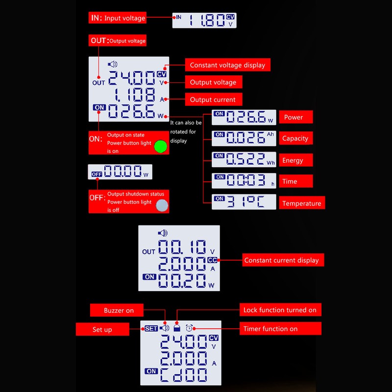DC6‑36V to DC0.5‑36V 40W Buck Boost Converter 1.8in LCD Display