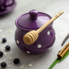 City to Cottage® Purple and White Polka Dot Handmade Hand Painted Ceramic Sugar Bowl Pot with Lid | Jam Honey Jar