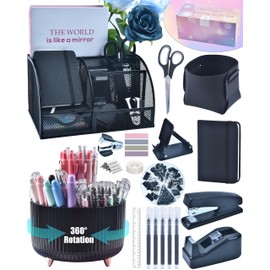 Organizadores de escritorio negros y accesorios con organizador de escritorio de malla y soporte giratorio de 360 y un montn de suministros de...     