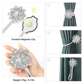 AULEEP Magnetic Curtain Tiebacks, 4 Pack Modern Metal Curtain Tie Backs, Indoor & Outdoor Use Decorative Drapes Clips Buckle with Crystal Flower Beads for Thin or Thick Curtains(Silver)