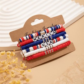4th of July Summer Beach Heishi Surfer Bracelets Set for Women America Patriotic Flag Clay Beaded Stretch Bracelet Red White Blue Star Stackable Charm Bangle Independence Day Gifts-B