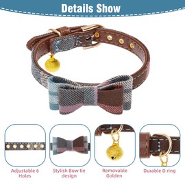 EXPAWLORER Dog Collar and Lead Set - Classic Checked Bow Tie and Dog Bandana Collar with Cute Bell, No Tangle Dog Lead, Adjustable Puppy Collar for Small
