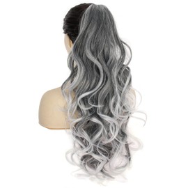 PORSMEER Ponytail Hair Extension Claw Clip in Ponytail Extensions Long Curly Wavy Ponytail Hair Extension Jaw Clip on Pony Tails Hairpiece for Women 26 inches (Grey with White Hightlights)