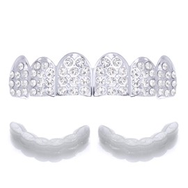 Iced Out Grillz Gold & Silver Plated Top Teeth Cap with Extra Bar Hip Hop Jewelry Bling L 012 (Gold Tone)