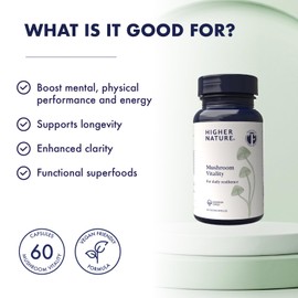 Higher Nature - Mushroom Vitality - Mushroom Complex for Daily Resilience - 8 Extracts Including Lion's Mane, Reishi, Shiitake - Immunity, Energy & Vitality - 60 Capsules