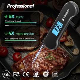 0.5 Sec Instant Read Meat Thermometer Digital with ±0.5℉ Precision, 100% Waterproof Auto Flip Bright LCD Screen, Motion Sensing Food Thermometer for Cooking Kitchen Oven Grill Candy BBQ, Black