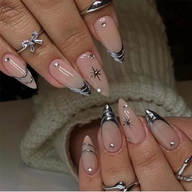 MERVF Almond Press on Nails Medium Fake Nail Sliver French Tip Glue ons Star Y2k Gothic Stiletto Acrylic False Nails with Rhinestones 3D Design Manicure Glossy 24pcs