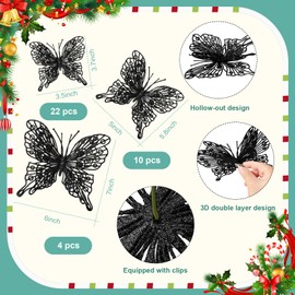 Jutom 36 Pcs Christmas Tree Butterfly Decorations 3 Sizes 3D Glitter Hollow Butterfly Ornaments Hanging Butterfly Wall Decor with Clips and Stems for Christmas Tree Wreaths Decor (Black)
