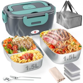 Geveniss Electric Lunch Box for Men, Women & Adults - 80W Fast Heating - Heated Lunch Box with Dual 1.5L SS Containers - Portable Food Warmer for Car, Truck, Office