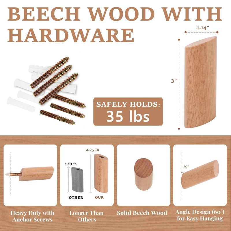 evory 4 Pack Coat Hooks Mounted Rustic Wooden Heavy Duty