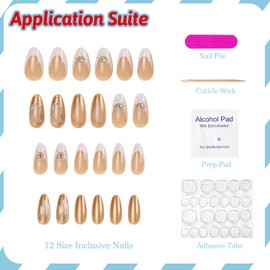 White French Tip Press on Nails Short Almond 3D Gold Curve Line Fake Nails Stars False Nails with Designs Rhinestones Petite Glossy Glue on Nails Acrylic Nails for Women Girls 24Pcs