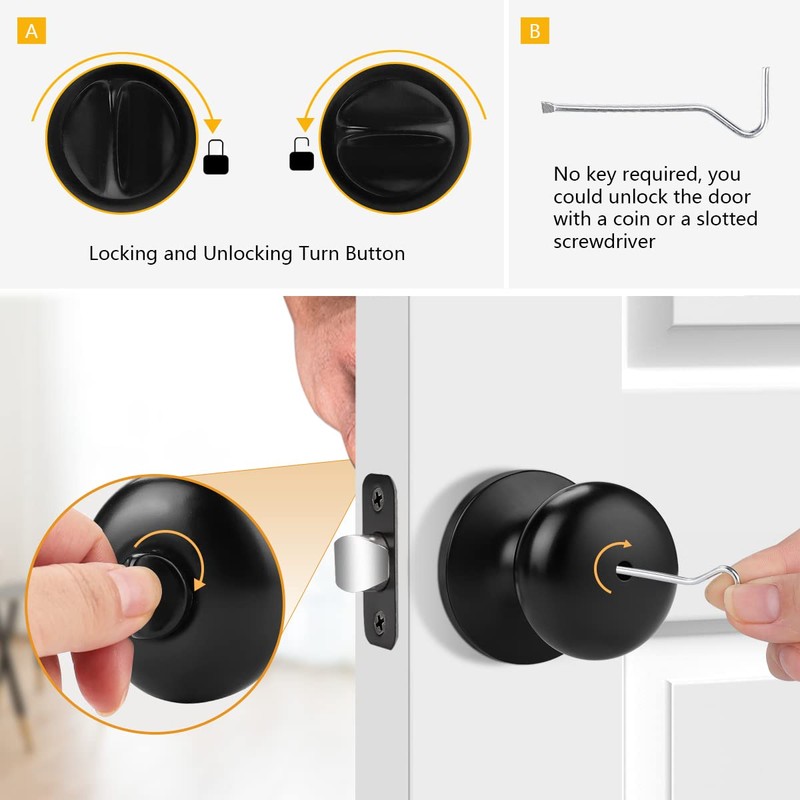 Probrico Privacy Door Knob Black Round Ball Door Knobs Interior