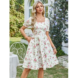 Belle Poque Vintage Dress for Women 1950s Cottagecore Cocktail Dresses Square Neck Puff Sleeve Dress Pink Floral M