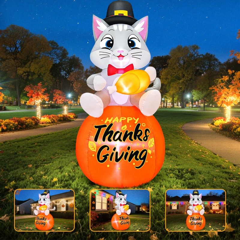 5FT Thanksgiving Inflatables Outdoor Decoration Inflatable Cat Sits on Pumpkin,