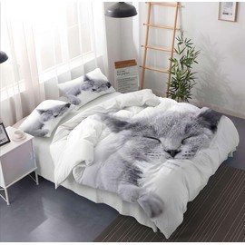 CXYXHW Cat Bed Linen Set, 3D Cat Motif Microfibre Duvet Cover, Pet Cat Bedding Sets 3-Piece with Zip, Animal Printed Bed Set for Girls Boys Children (D, 200 x 200 cm)