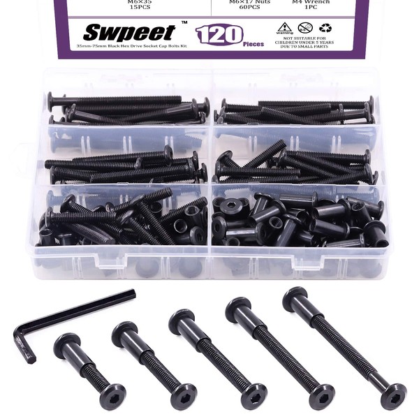 Swpeet 120Pcs M6x35mm/45mm/55mm/65mm/75mm Carbon Steel Black Hex Drive Socket Cap