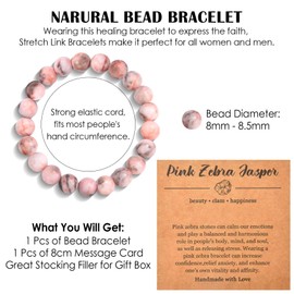 CERSLIMO Natural Bead Bracelet for Women Men - Healing Bracelets Stretch Link Bracelets with Beautiful 8mm Crystal Bracelet for Birthday Christmas Anxiety Bracelet Crystal Gifts, Pink Zebra