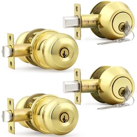 Probrico Keyed Entry Door Knobs Exterior Lockset and Double Cylinder Deadbolt Combination Set for Front Door, Polished Brass (2 Pack) Keyed Alike