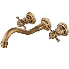 Midanya Bathroom Widespread Sink Faucet Wall Mount 3 Holes 2 Cross Knobs Brass Lavatory Basin Mixer Tap Mixing Spout Double Handles Commercial Antique Brass NO Hot Cold Signs