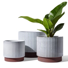 LE TAUCI 5.5+6.5+8 Inch Planter Pots with Drainage Hole, Ceramic Stripe Planters Outdoor Bonsai Container for Plants Flower, Set of 3, Reactive Glaze White (Plants Not Included)