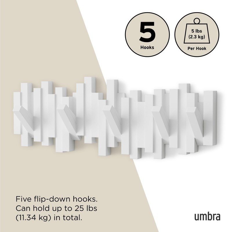 Umbra Sticks Wall-Mounted Coat Rack Rail Hook with 5 Retractable