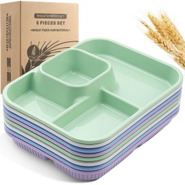 Pinkunn 8 Pcs 10'' Divided Plates Unbreakable Wheat Straw Dinnerware Lunch Trays Lightweight Reusable Plastic Compartment Microwave Dishwasher Safe Separator Plates(White, Blue, Purple, Green)