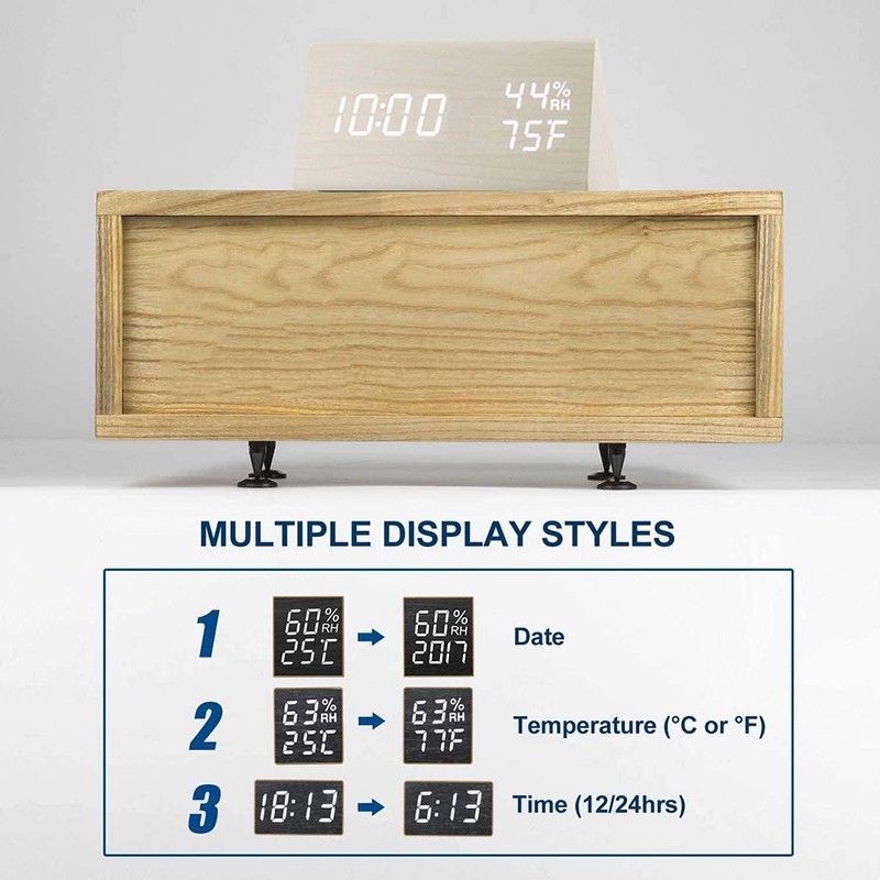 Digital Alarm Clock LED Display Sound Control Temperature Humidity Wood