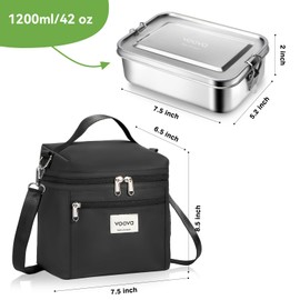 Voova Stainless Steel Lunch Box with Lunch Bag and Cultery Set for Adult Women Men, Leakproof Lunch Bento Boxes Food Container, Metal Food Storage for Travel, Work, Black