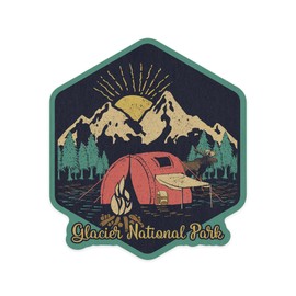 Die Cut Sticker Glacier National Park, Montana, Camping Scene, Contour Vinyl Sticker 1 to 3 inches (Waterproof Decal for Cars, Water Bottles, Laptops, Coolers), Small