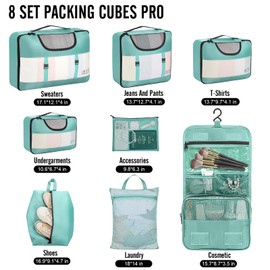 Veken 8 Set Packing Cubes for Travel Essentials, Suitcase Organizer Bags in 4 Sizes, Carry-On Luggage Accessories with Large Laundry & Hanging Toiletry Bag, Must-Have for Airplane, Road Trip & Camping