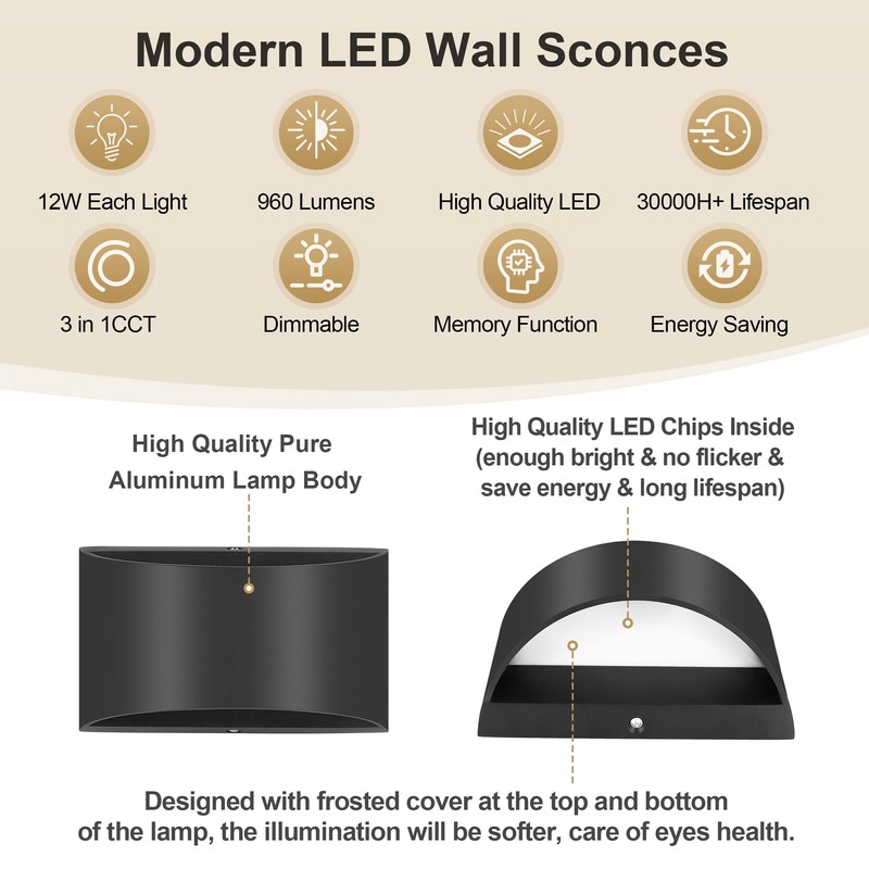 TRLIFE Modern Wall Sconces, 3000K/4000K/6000K Selectable and Dimmable LED Wall