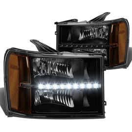 Auto Dynasty Pair Black Housing Amber Corner Headlights with LED Running Light Bundle with Clear Lens Center High Mount Third Brake Lamp Compatible with GMC Sierra 1500 2500HD 3500HD 07-13