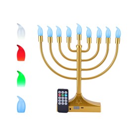 Electric Hanukkah Menorah,RGB Led Menorahs for Chanukah Decoration,Color Changing with Remote Control & Push-Button to Choose The Day and Timer Options Battery/USB Powered,Gold
