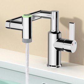 EAARSUO Single Hole Rotatable Bathroom Faucet with Temperature Display, Single Handle Modern Rotating Bathroom Sink Faucet 1 Hole, 1080 Degree Swivel Tap with 2 Water Outlet Modes (Chrome)