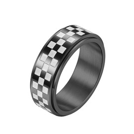 OAKKY Unisex Chessboard Black and White Net Rotating Fidget Ring Stainless Steel Anxiety Band, Metal, Metal