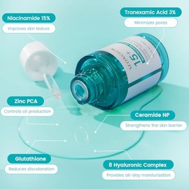 15% de niacinamida vegana+3% suero de ácido tranexámico: suero coreano de niacinamida para el cuidado de la piel, minimizador de poros para cara, glut