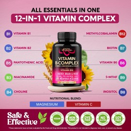Vitamin B Complex for Men & Women - Riboflavin B2, B12, B1, B3, B5, B6, B7, B8, B9 | Vitamin C, Choline, Inositol - B-Complex Supplement - Energy, Brain & Heart Support - Made in USA, 60 Vegan Caps