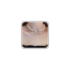 Inilbran Boho Rhinestone Bow Choker Necklace Imitation Pearl Choker Necklace Wedding Bridal Pearl Necklace Sparkling Crystal Tennis Chain Necklace For Women, Zinc, No Gemstone