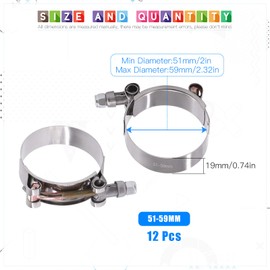 Glarks 12Pcs 51-59mm Stainless Steel T-Bolt Hose Clamps Turbo Intake Soft Hose Intercooler Clamps